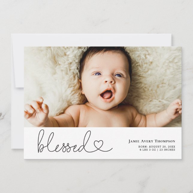 Blessed Heart Script Photo Birth Announcement (Front)