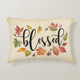 Blessed In Black Calligraphy And Autumn Leaves Accent Pillow