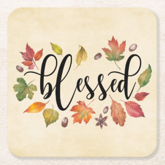 Blessed In Black Calligraphy And Autumn Leaves Square Paper Coaster