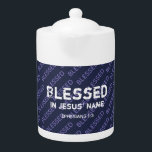 BLESSED IN JESUS' NAME Christian Scripture Blue<br><div class="desc">Inspirational message based on Ephesians 1:3. The background and reverse say 'Blessed' in a tiled pattern. All text is customisable,  so you can personalise with your own favourite message or text. Please email me if you have any queries or special requests. Matching items available.</div>