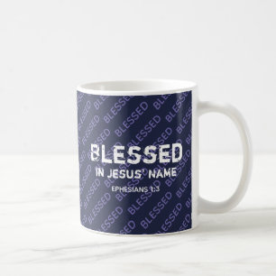 BLESSED IN JESUS' NAME Christian Scripture Blue Coffee Mug