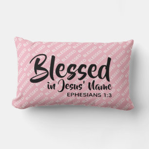 BLESSED IN JESUS' NAME Christian Scripture Pink Lumbar Pillow