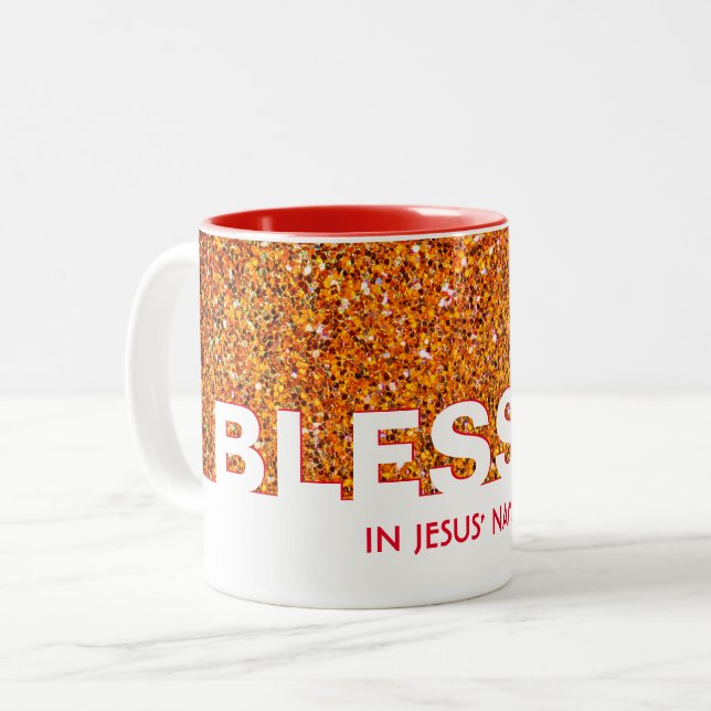 BLESSED In Jesus' Name | Stylish RED Glitter Two-Tone Coffee Mug (Front Left)