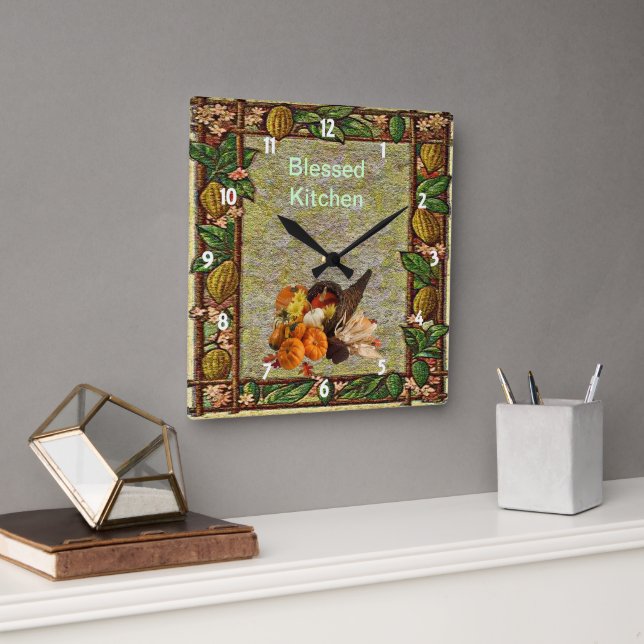 Blessed Kitchen Autumn Parchment Cornucopia Frame Square Wall Clock (Office)