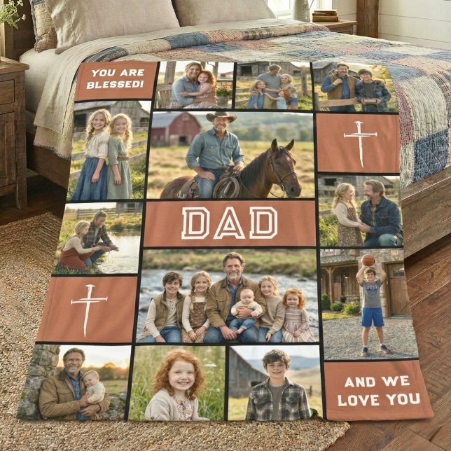 Blessed Loved Dad 12 Photo Collage Custom Text Fleece Blanket (Creator Uploaded)