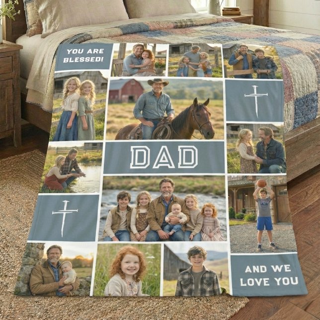 Blessed Loved Dad 12 Photo Collage Custom Text Fleece Blanket (Creator Uploaded)
