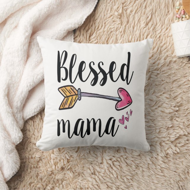 Blessed Mama Hearts Arrow Boho Gift for Mom Throw Pillow (Blanket)