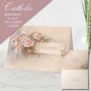 Blessed Mary Pink Vintage Roses Scripture Holiday Card