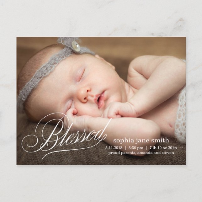 BLESSED Modern Birth Announcement Postcard (Front)