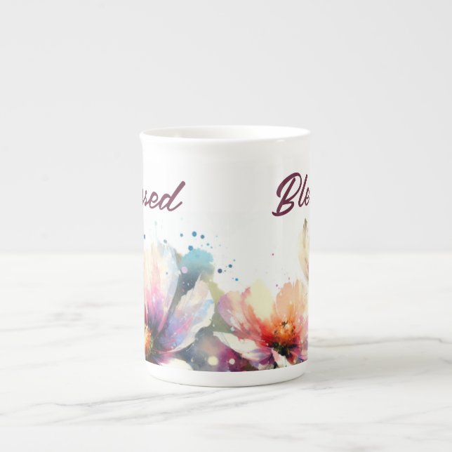 Blessed Modern Floral Design Bone China Mug (Front)