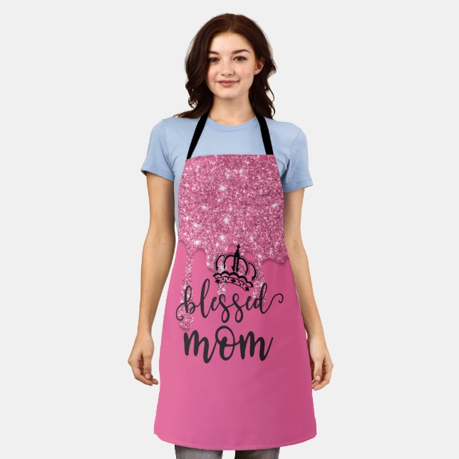 Blessed Mom Pink Dripping Glitter Apron (Worn)