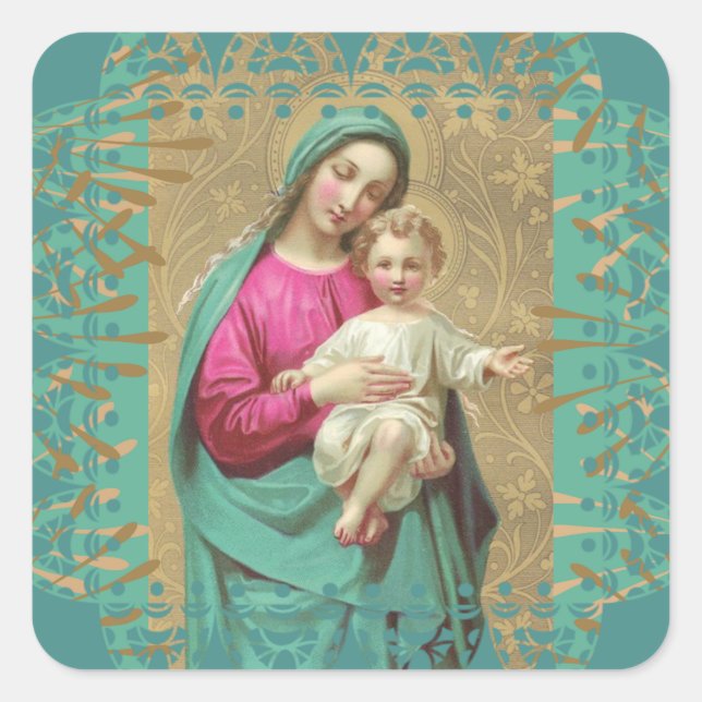 Blessed Mother Baby Jesus Decorative Lace Border Square Sticker (Front)