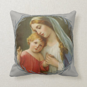 Blessed Mother holding the Baby Jesus Wreath Throw Pillow