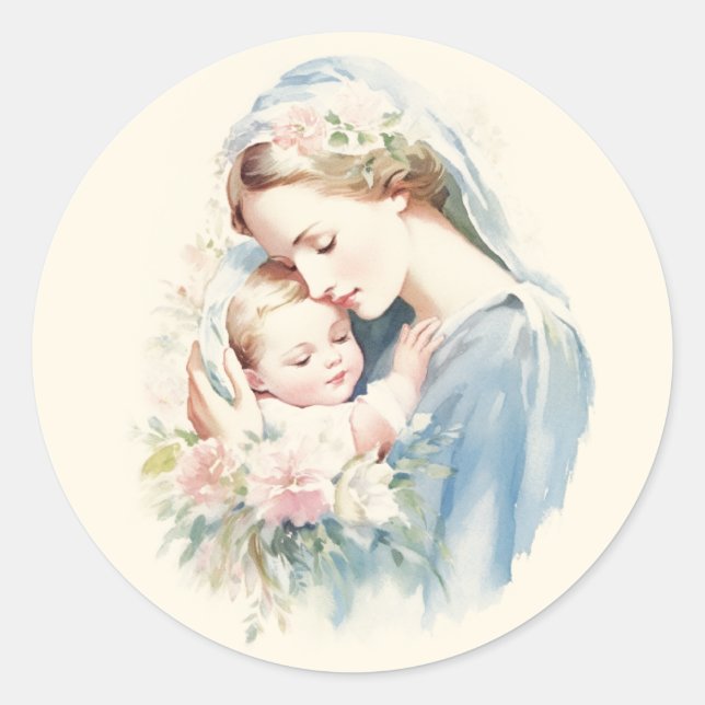 Blessed Mother Mary Baby Jesus Religious Pastel Classic Round Sticker (Front)