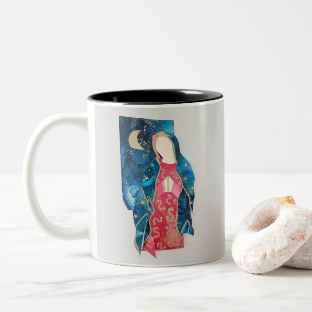 Blessed Mother Mary With Moon Painted Ink Design Two-Tone Coffee Mug (With Donut)