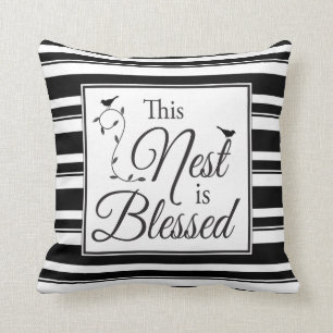 Blessed Nest Black and White Stripes & Birds Throw Pillow