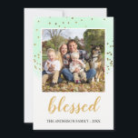 Blessed Pastel Green Gold Glitter Christmas Holiday Card<br><div class="desc">Blessed Christian Pastel Watercolor and Gold Glitter Confetti Religious Christmas Holiday Photo Card. The photo and family name can be updated and customized on this cute watercolor and sparkly glitter Christmas card. Please contact the designer for matching items.</div>