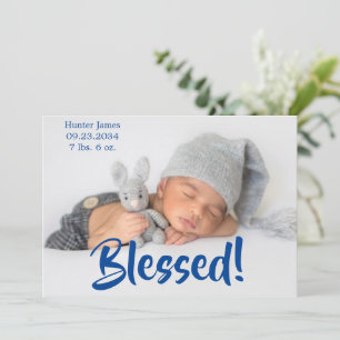 Blessed Photo Blue Script Personalized Birth Announcement