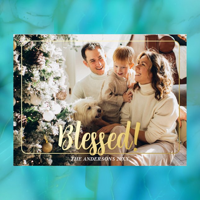 Blessed, Photo Name Gold Foil Holiday Post Card #3 (Creator Uploaded)