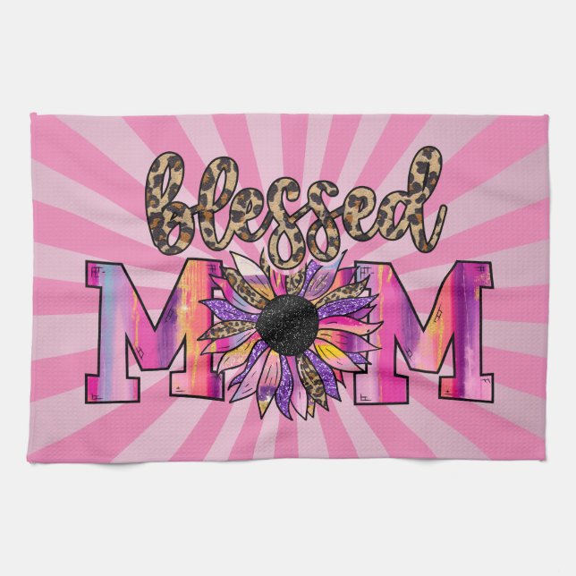Blessed Pink Mom Floral Modern Kitchen Towel (Horizontal)
