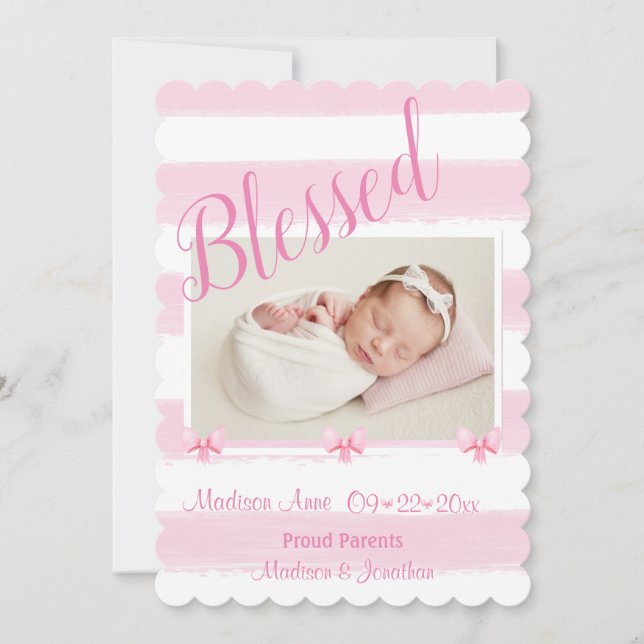 Blessed Pink Photo Script Personalize Girly Birth Announcement (Front)