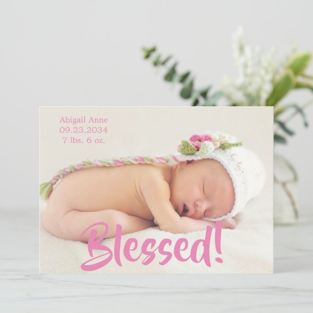Blessed Pink Photo Script Personalized Girl Birth Announcement (Standing Front)