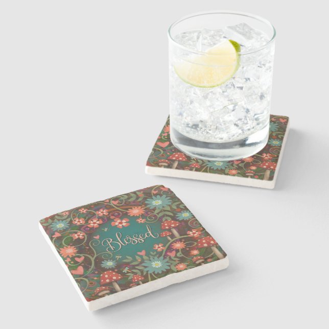 Blessed Pretty Colourful Mushroom Floral Stone Coaster (Side)