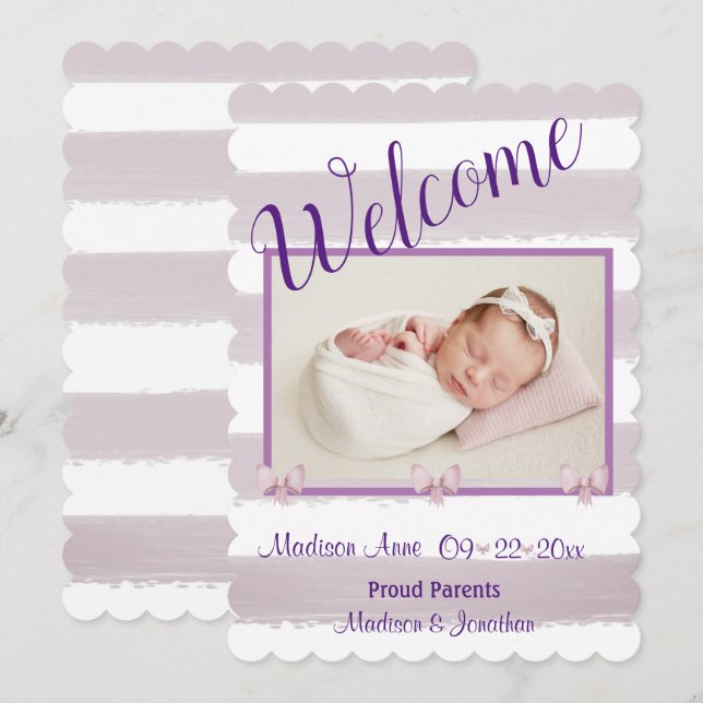 Blessed  Purple Photo Script Personalize Birth Announcement (Front/Back)