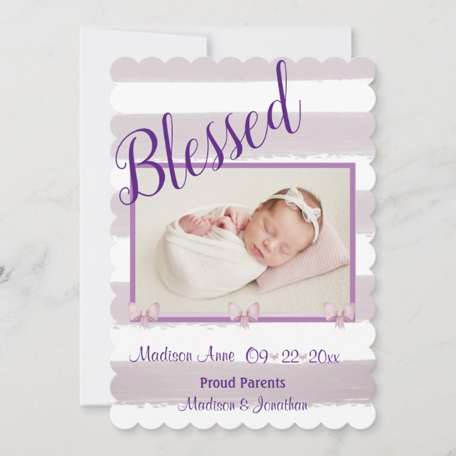 Blessed Purple Photo Script Personalize Birth Announcement (Front)