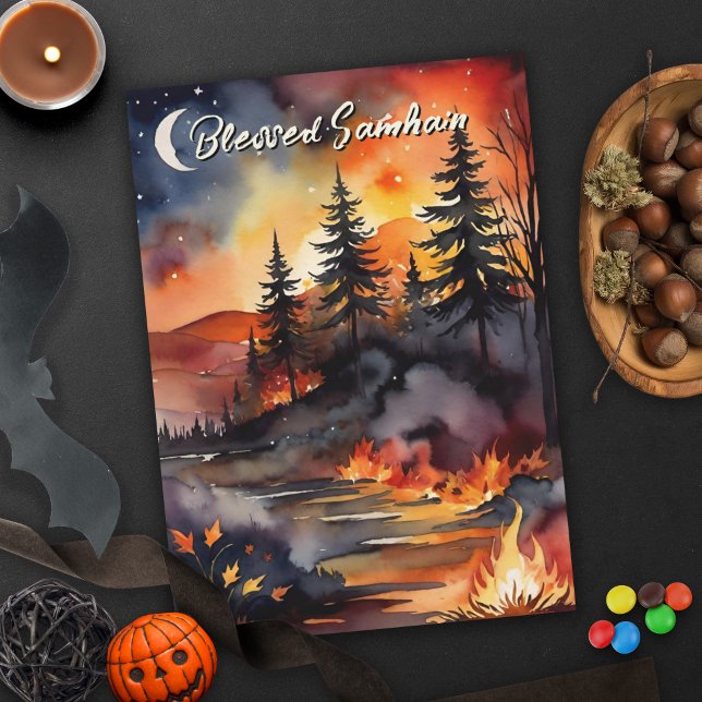 Blessed Samhain Fall Fire Forest Leaves Sunset Card (Blessed Samhain Fall Fire Forest Leaves Sunset Halloween Greeting Card)
