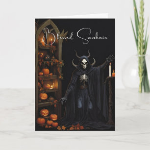 Blessed Samhain Halloween Skeleton Pumpkins Card