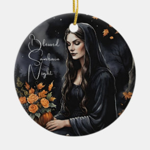 Blessed Samhain Night Halloween Fall Witch Ceramic Ornament