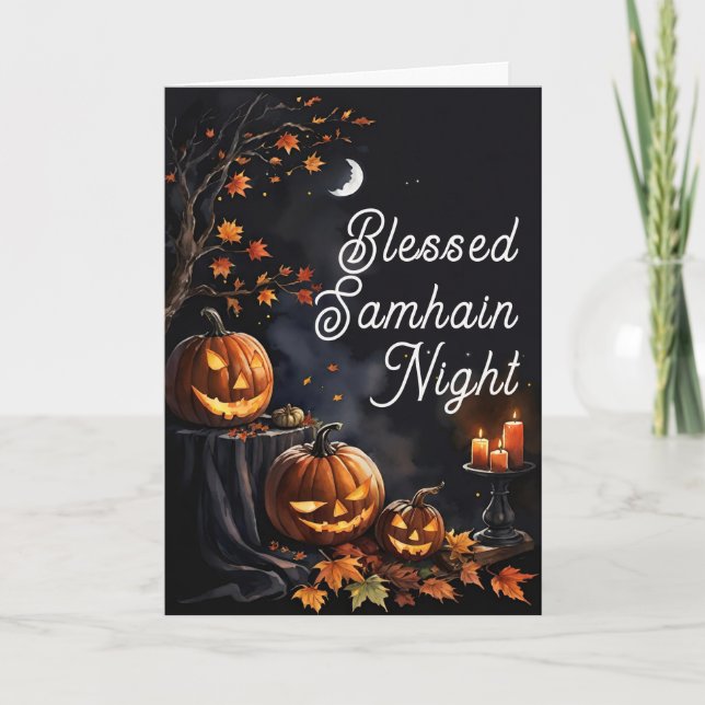 Blessed Samhain Night Halloween Pumpkins Fall Card (Front)