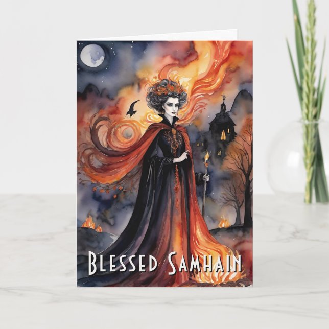 Blessed Samhain Red Queen Halloween Night Witch Card (Front)