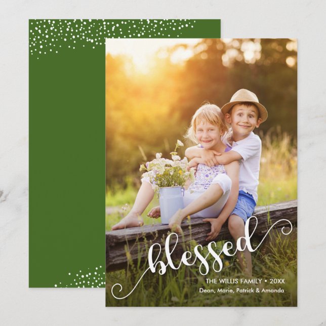 Blessed Script Christmas Photo Holiday Card (Front/Back)