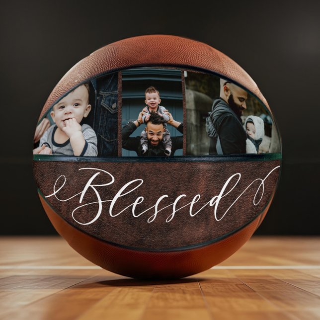 Blessed Script Leather Fathers Day Photo Collage Basketball (Blessed Script Leather Fathers Day Photo Collage Basketball)