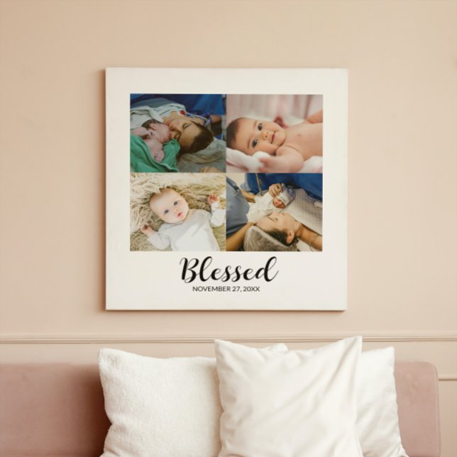  Blessed Script Personalized Baby 4 Photo Collage  Canvas Print (Creator Uploaded)