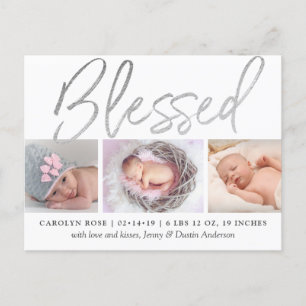 "Blessed" Silver Foil 3 Photo Birth Announcement