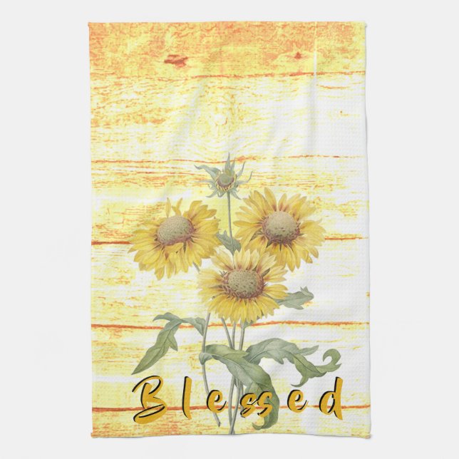 Blessed Sunflowers on wood Kitchen Towel (Vertical)