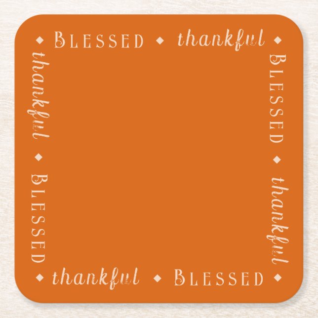 "Blessed" & "thankful" Custom Typography on Bamboo Square Paper Coaster (Front)