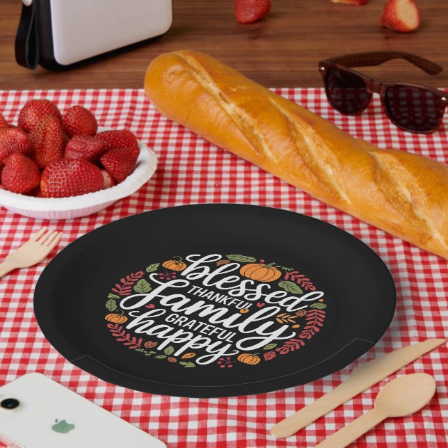 Blessed Thankful Family Thanksgiving Dinner Paper Plate (Picnic)