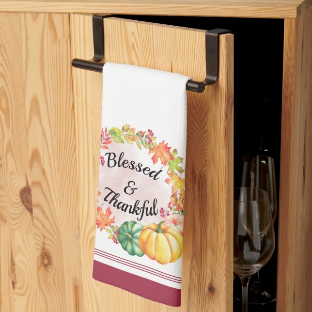Blessed & Thankful Watercolor Fall Leaves Pumpkins Kitchen Towel (Thirds Fold)