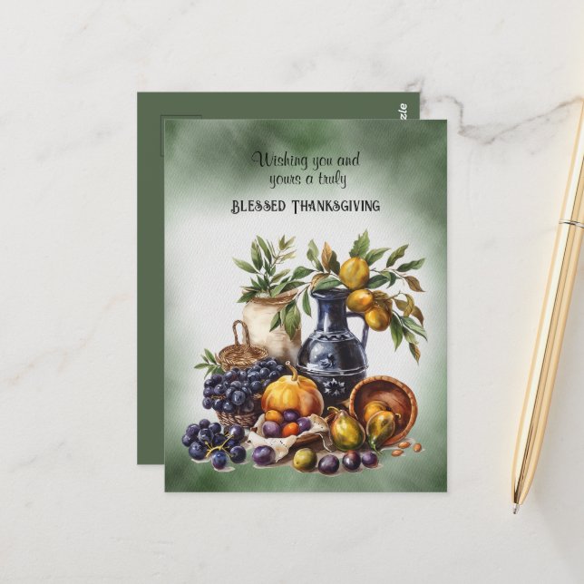 Blessed Thanksgiving Wine and Fruit Bowls Postcard (Front/Back In Situ)