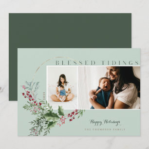 Blessed Tidings Watercolor Greenery Wreath Photos Holiday Card