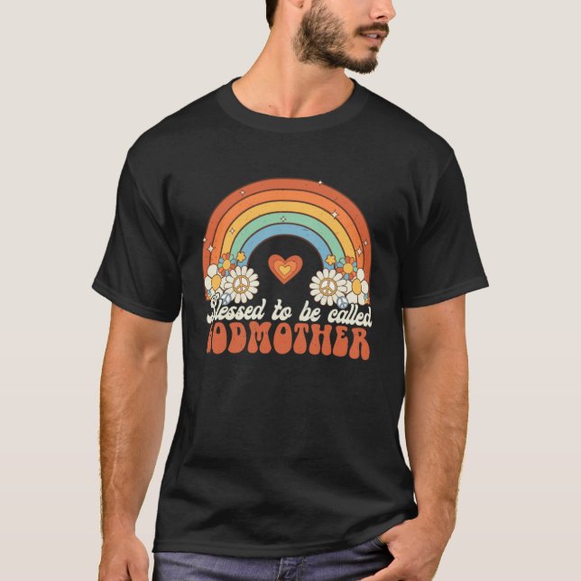 Blessed To Be Called Godmother Groovy Rainbow Moth T-Shirt (Front)