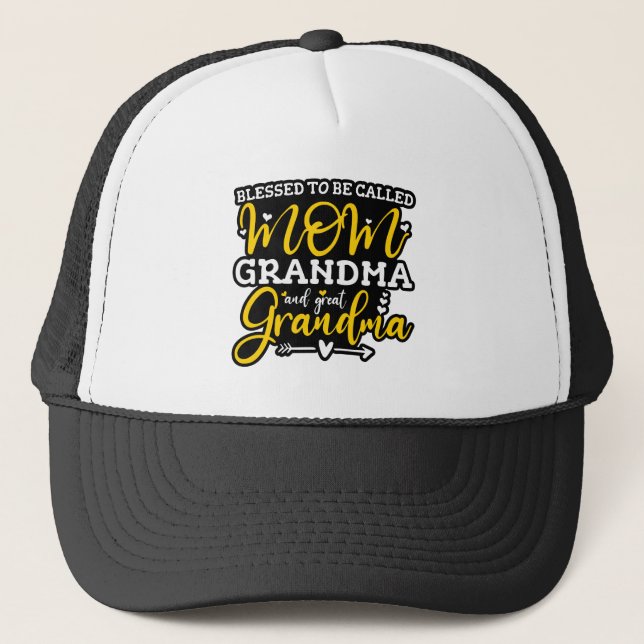 Blessed To Be Called Mom Grandma And Great Grandma Trucker Hat (Front)
