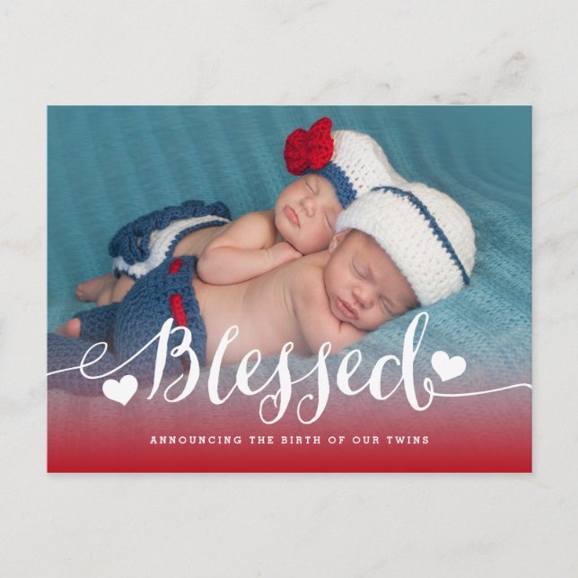 Blessed Twins | Red Valentine Birth Announcement Postcard (Front)