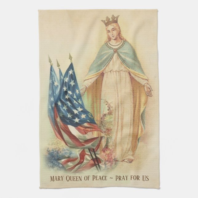 Blessed Virgin Mary American Flags Religious Kitchen Towel (Vertical)