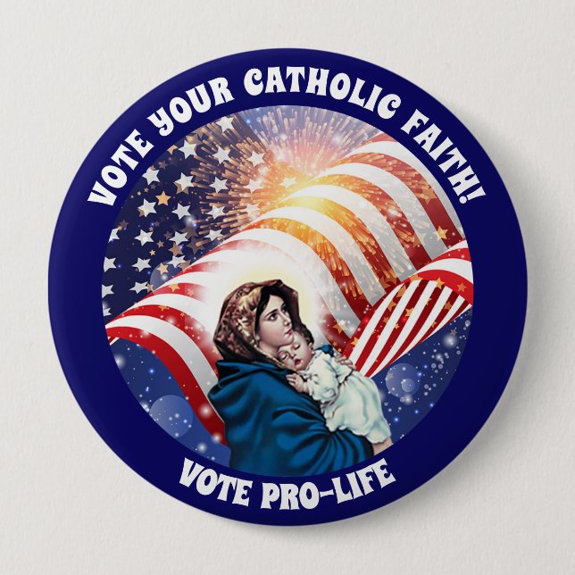 Blessed Virgin Mary Baby Jesus American Flag 4 Inch Round Button (Front)