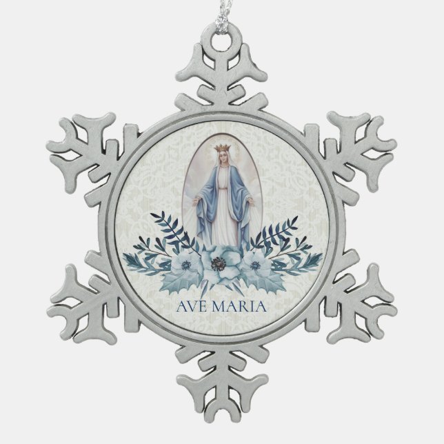 Blessed Virgin Mary Blue Flowers Lace Snowflake Pewter Christmas Ornament (Front)
